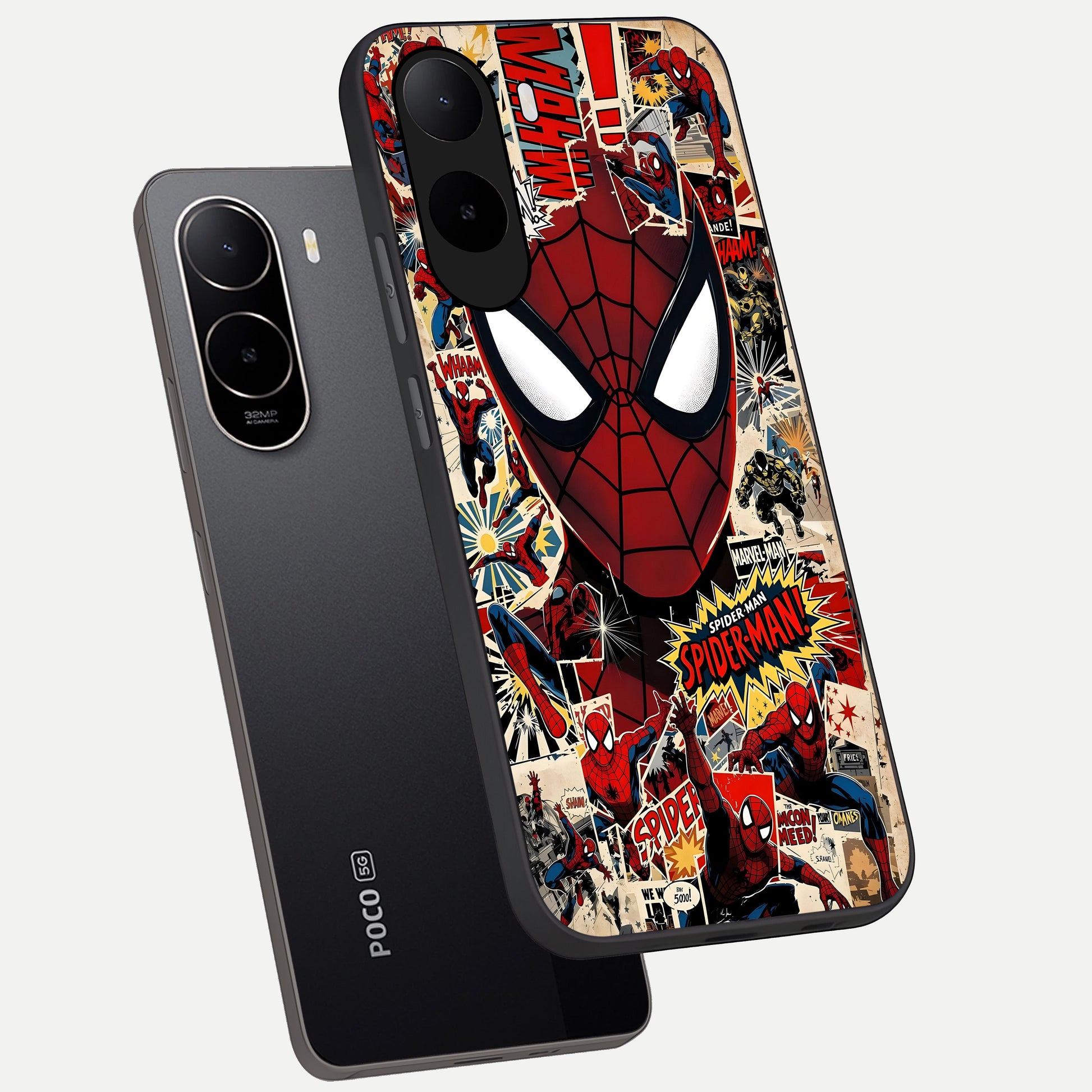  Aesthetic Wonder Spider phone case For Poco C85x showing premium glass back cover with detailed artwork