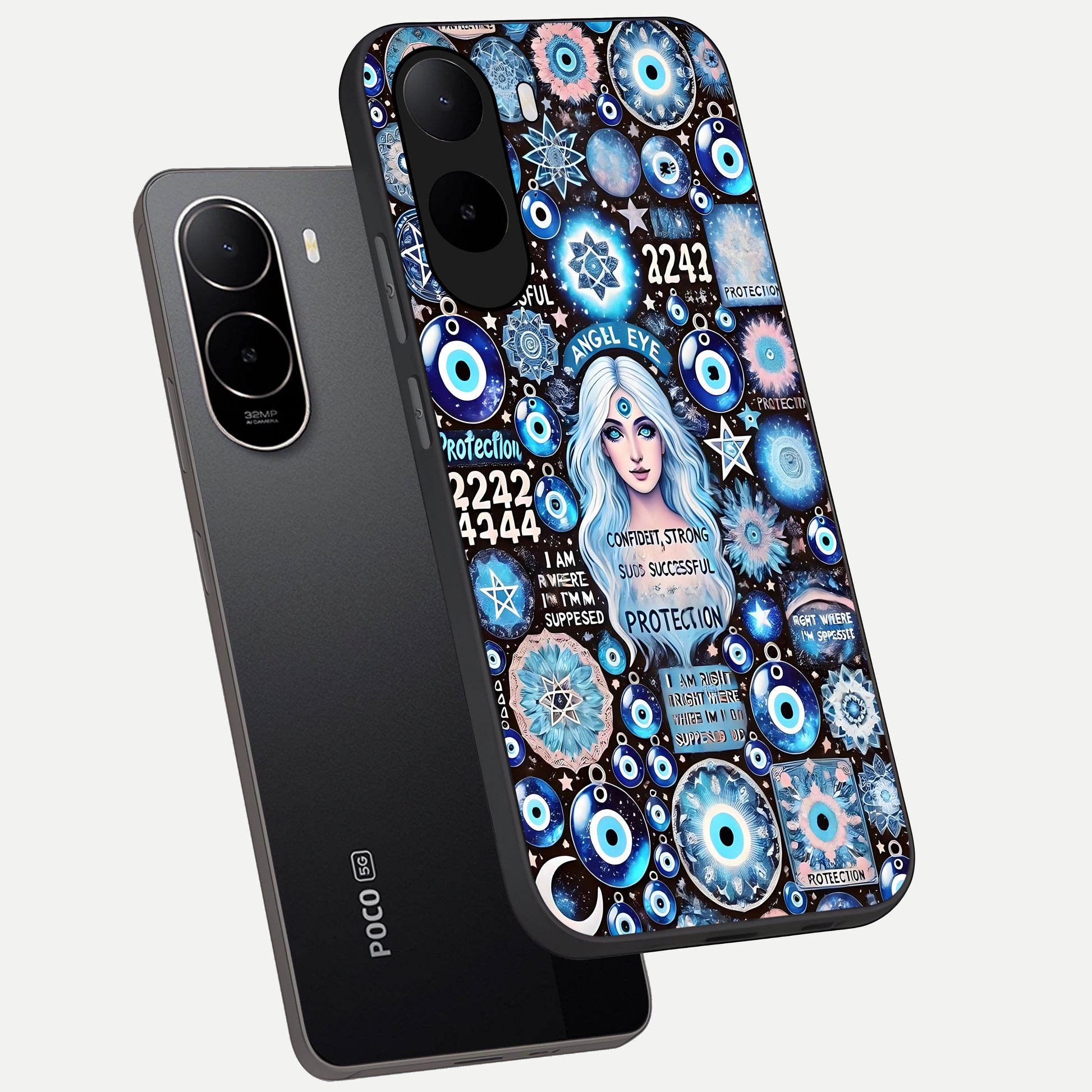  Angel Aura Shield phone case For Poco C85x showing premium glass back cover with detailed artwork