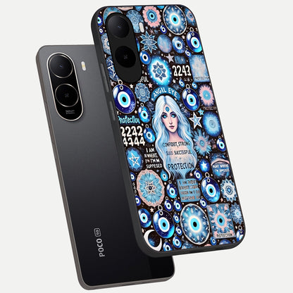  Angel Aura Shield phone case For Poco C85x showing premium glass back cover with detailed artwork