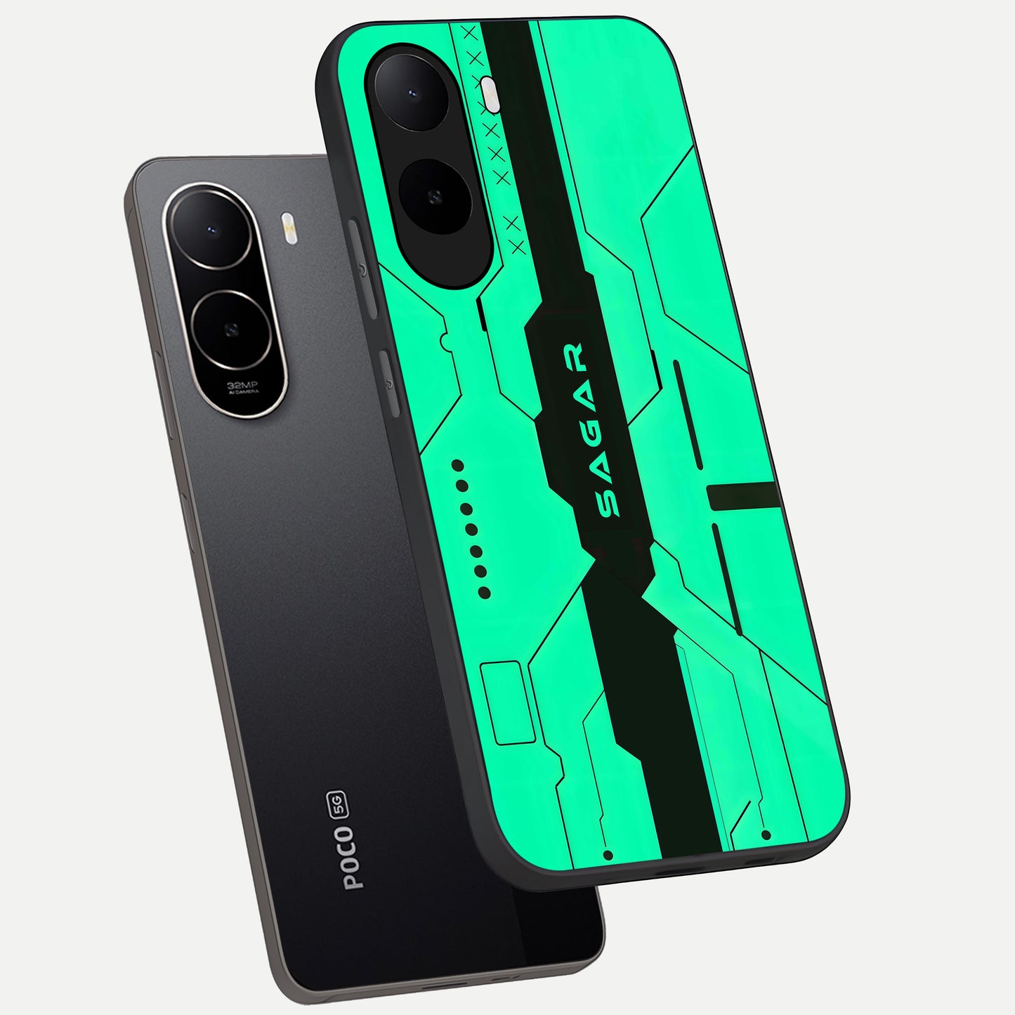  Aqua Tech CYBERPUNK Custom Name phone case For Poco C85x showing premium glass back cover with detailed artwork