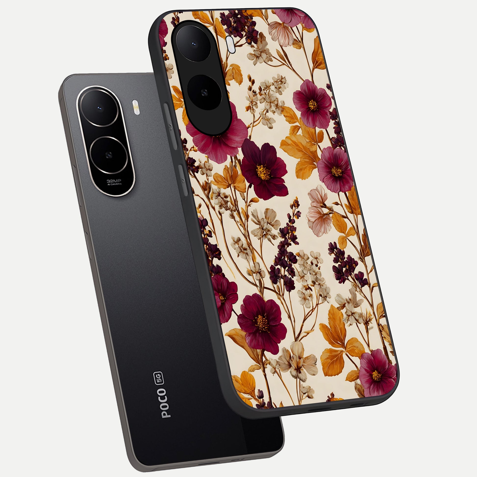  Autumn Wine Bloom phone case For Poco C85x showing premium glass back cover with detailed artwork