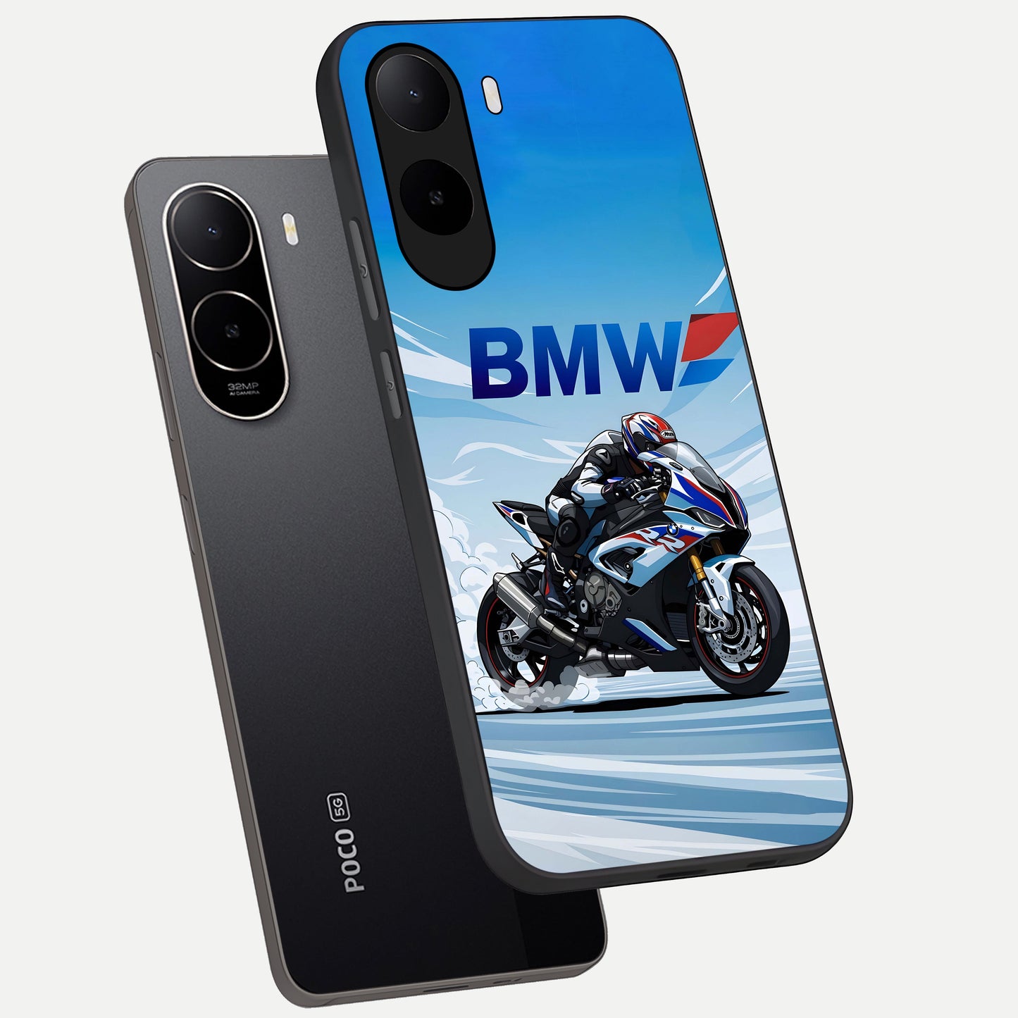  BMW Power Drift phone case For Poco C85x showing premium glass back cover with detailed artwork