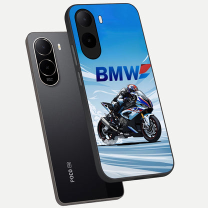  BMW Power Drift phone case For Poco C85x showing premium glass back cover with detailed artwork