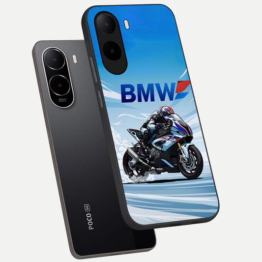  BMW Power Drift phone case For Poco C85x showing premium glass back cover with detailed artwork