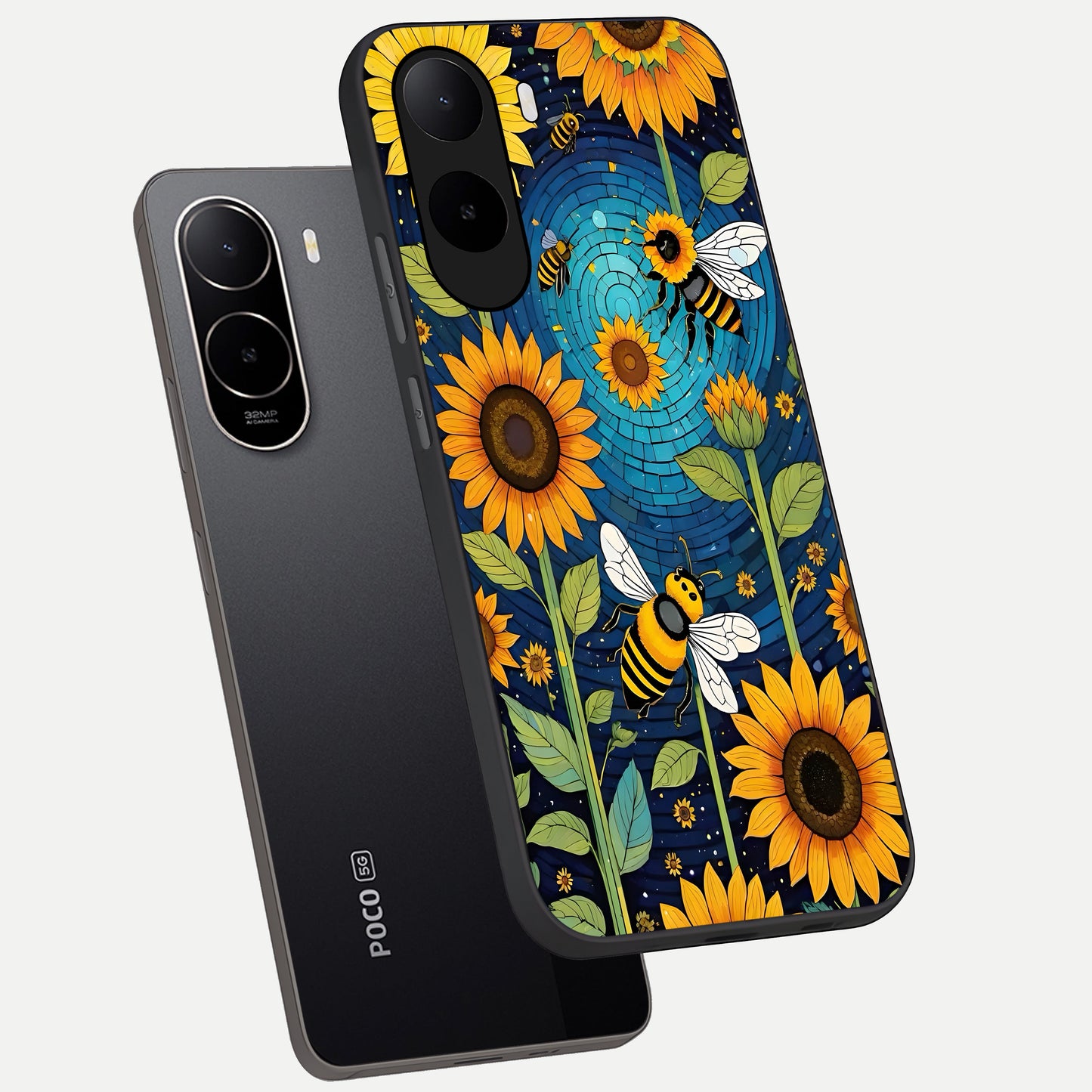  Bees And Sunflowers phone case For Poco C85x showing premium glass back cover with detailed artwork