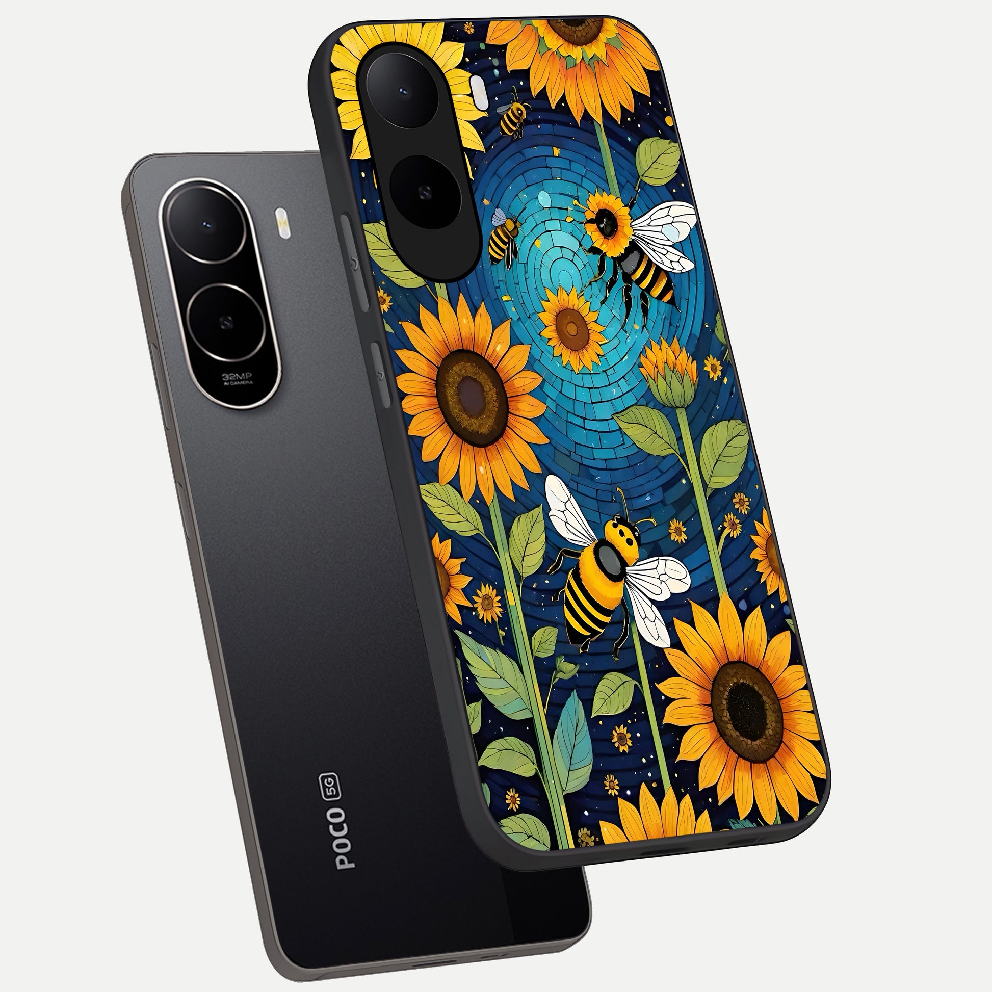  Bees And Sunflowers phone case For Poco C85x showing premium glass back cover with detailed artwork