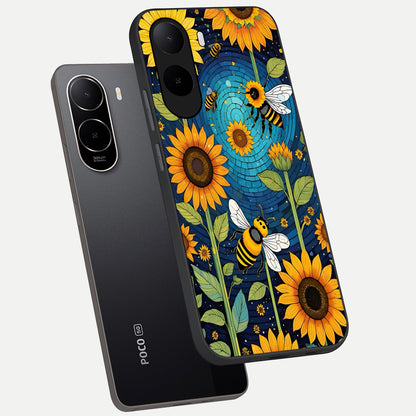  Bees And Sunflowers phone case For Poco C85x showing premium glass back cover with detailed artwork