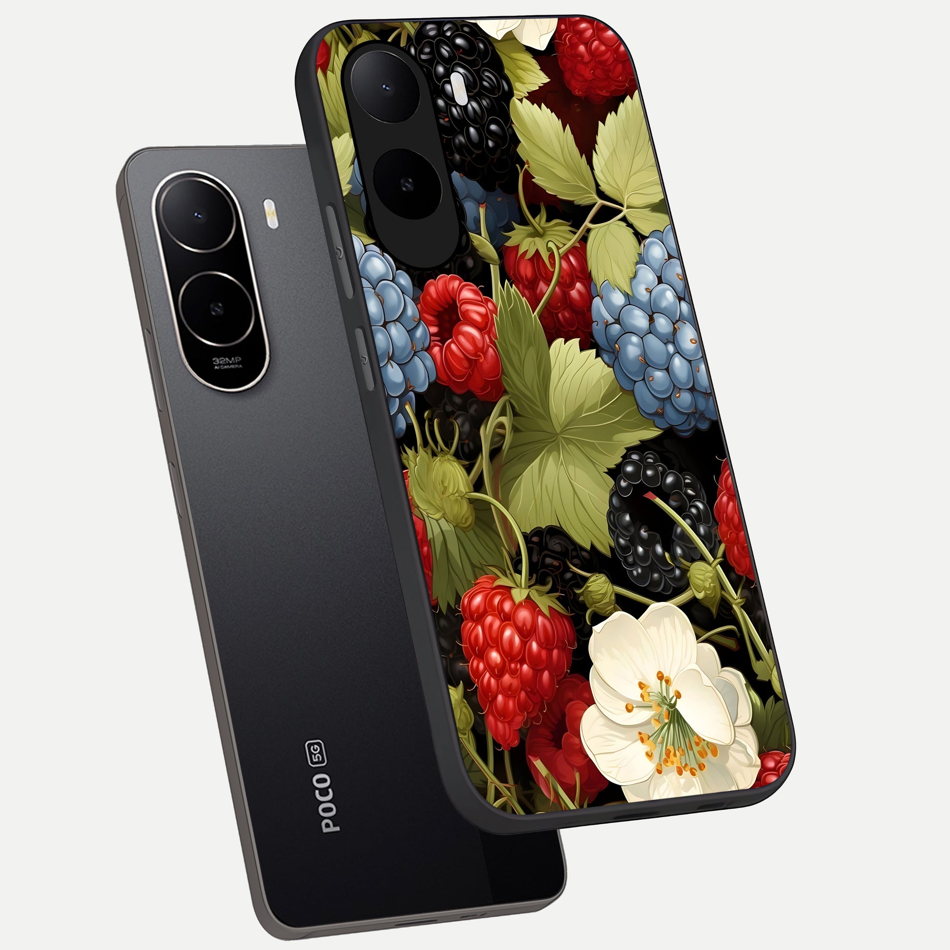 Berry Bloom Charm phone case For Poco C85x showing premium glass back cover with detailed artwork