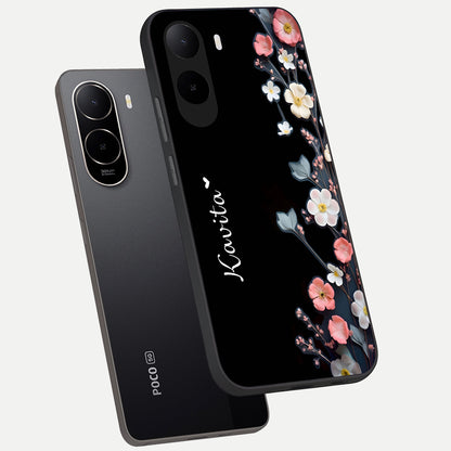  Black Elegance Floral Custom Name phone case For Poco C85x showing premium glass back cover with detailed artwork