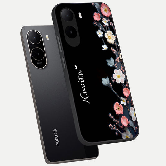 Black Elegance Floral Custom Name phone case For Poco C85x showing premium glass back cover with detailed artwork