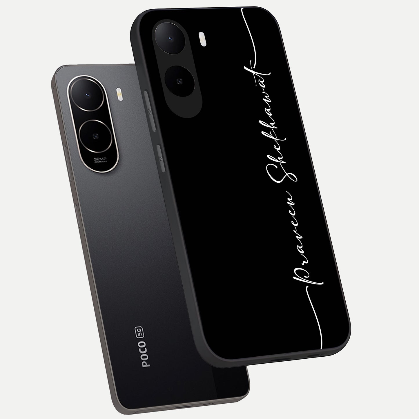  Black Tune Custom Name phone case For Poco C85x showing premium glass back cover with detailed artwork