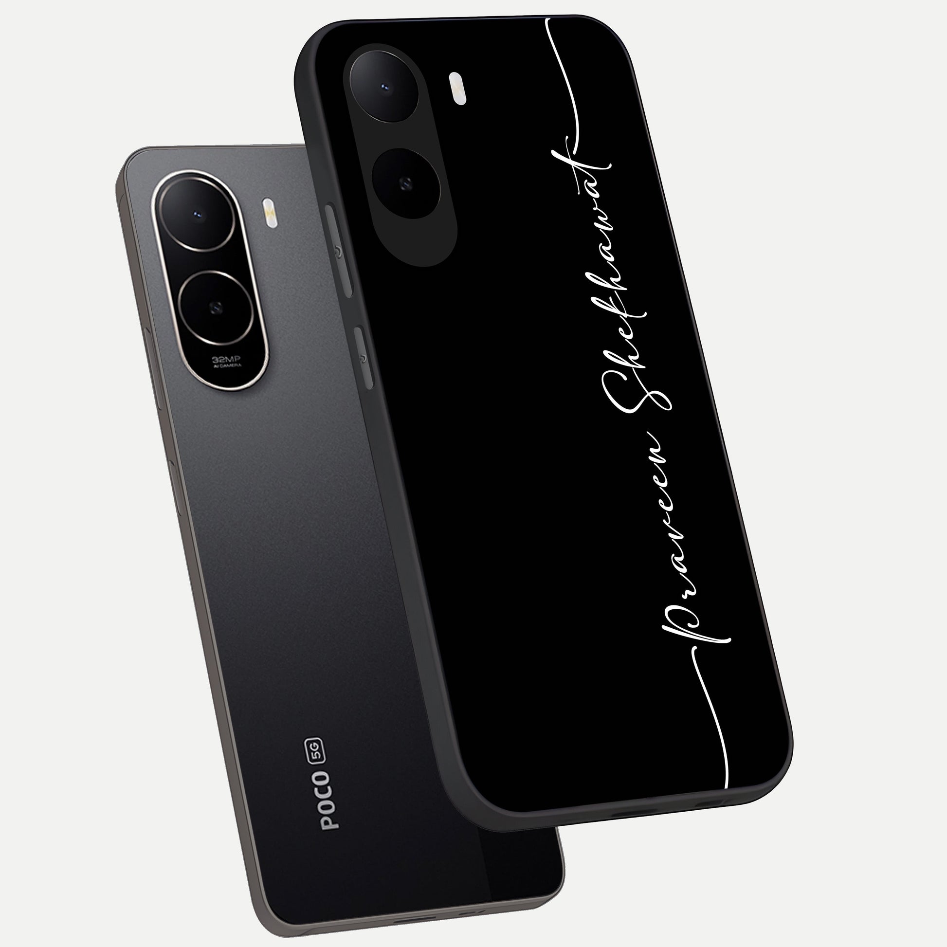  Black Tune Custom Name phone case For Poco C85x showing premium glass back cover with detailed artwork