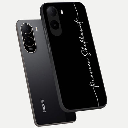  Black Tune Custom Name phone case For Poco C85x showing premium glass back cover with detailed artwork