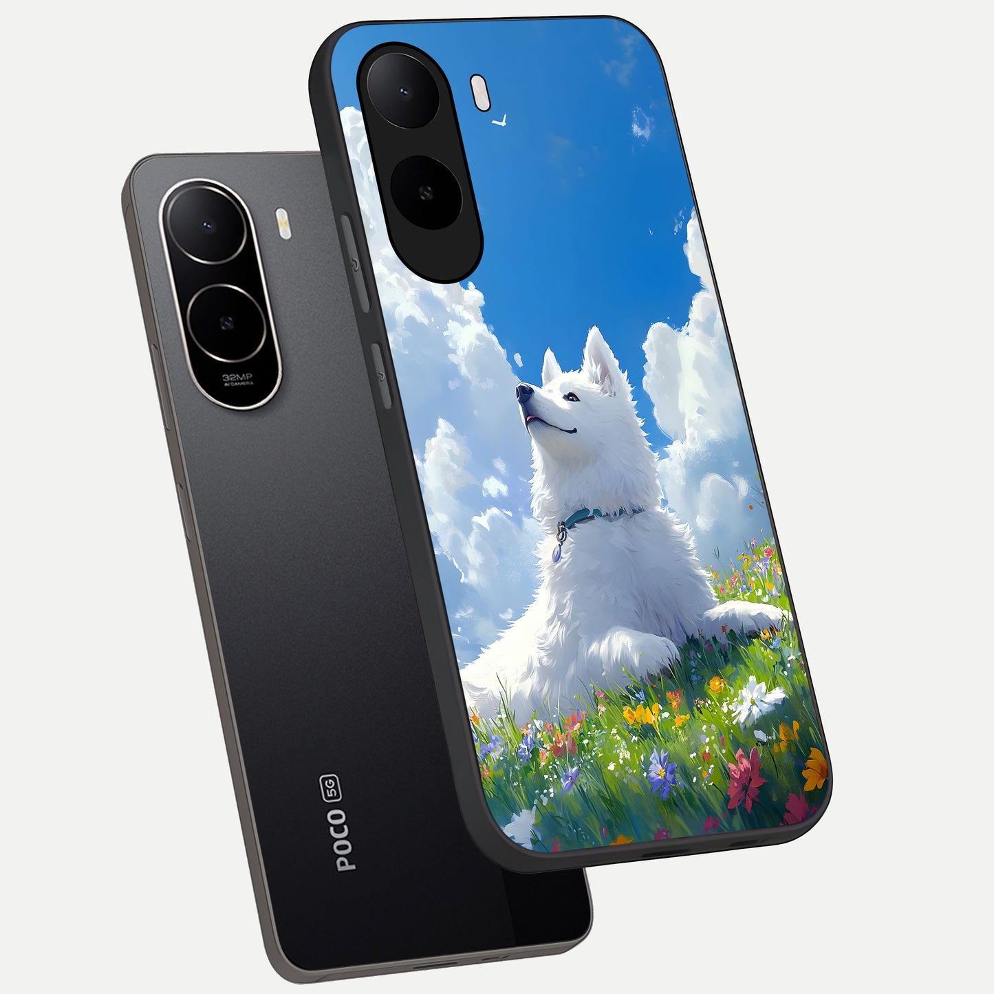  Blissful Cloud Pup phone case For Poco C85x showing premium glass back cover with detailed artwork