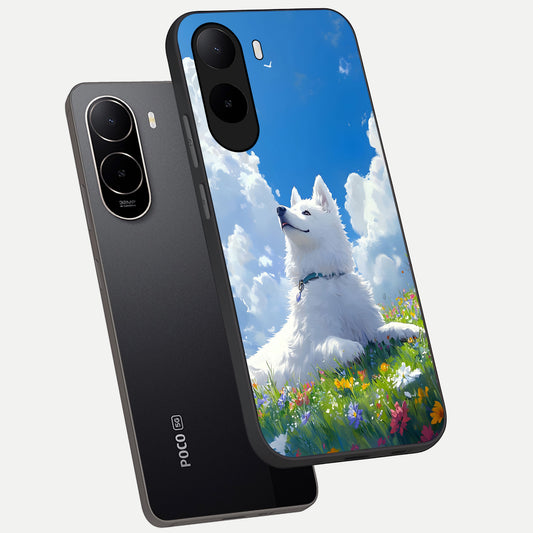  Blissful Cloud Pup phone case For Poco C85x showing premium glass back cover with detailed artwork