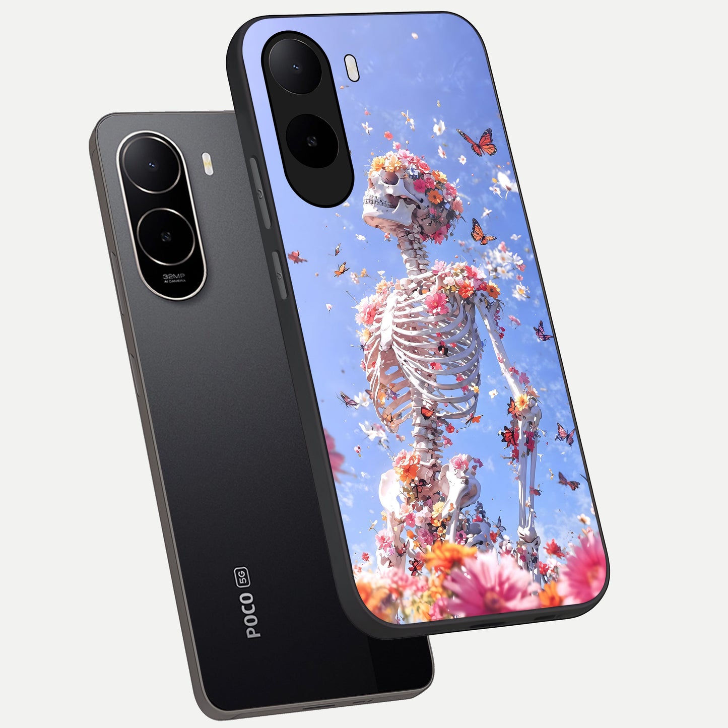  Bloom Beyond Bones phone case For Poco C85x showing premium glass back cover with detailed artwork