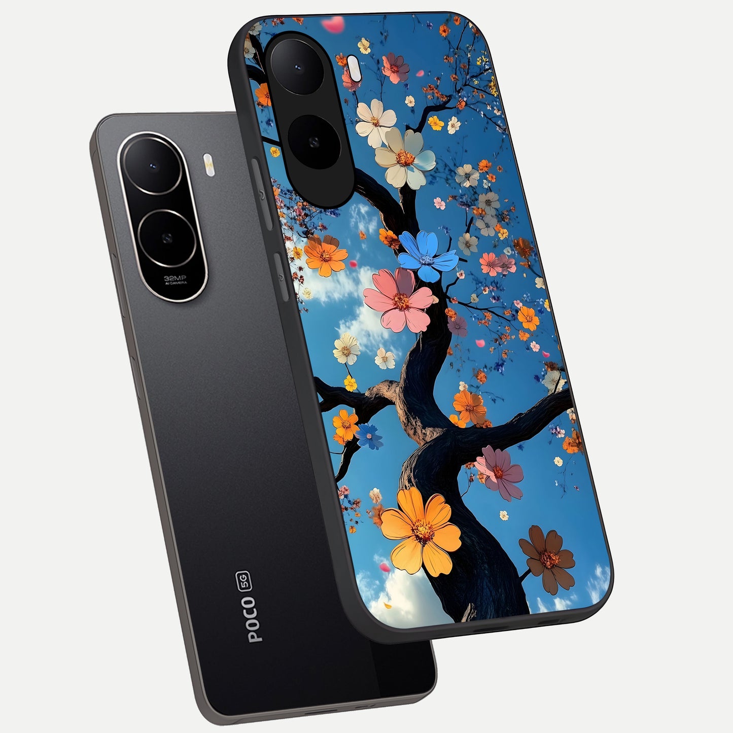  Blossom Dream Sky phone case For Poco C85x showing premium glass back cover with detailed artwork