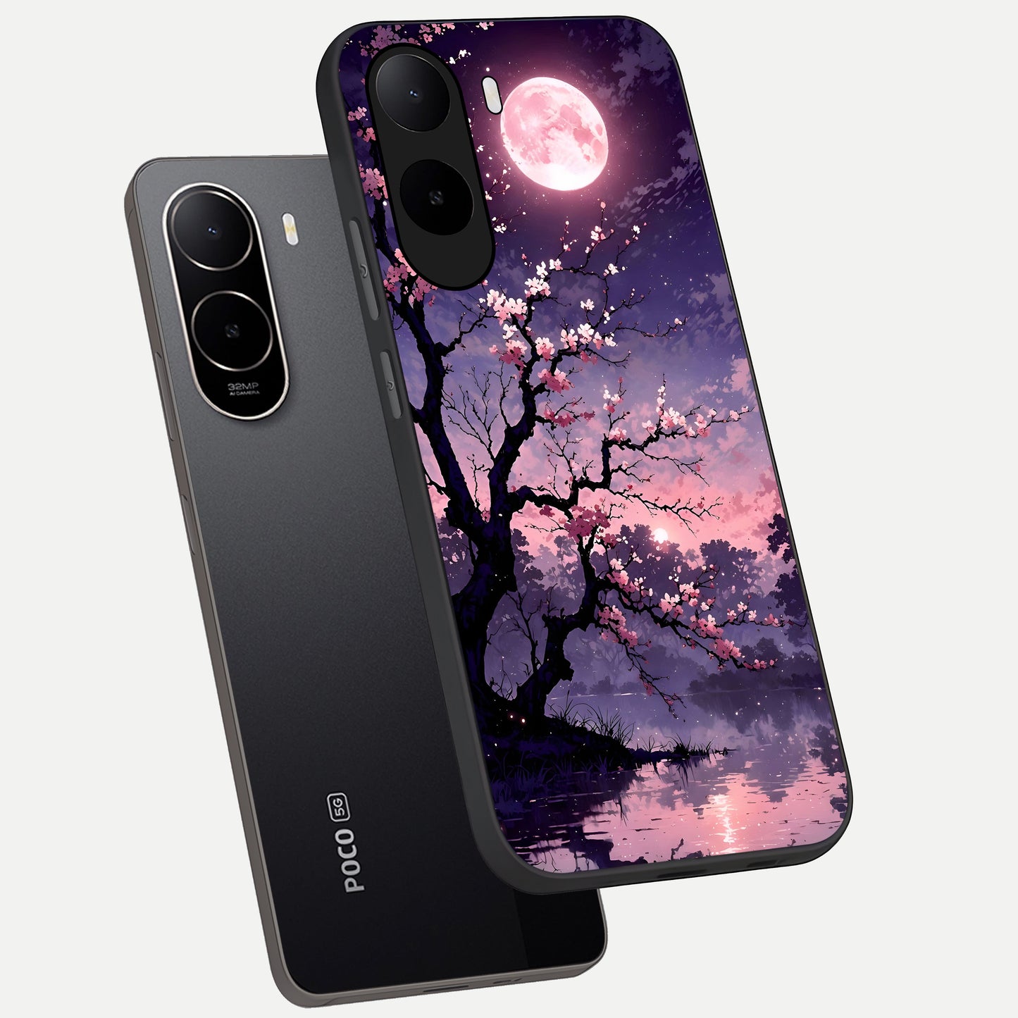  Blossom Pink Moon phone case For Poco C85x showing premium glass back cover with detailed artwork