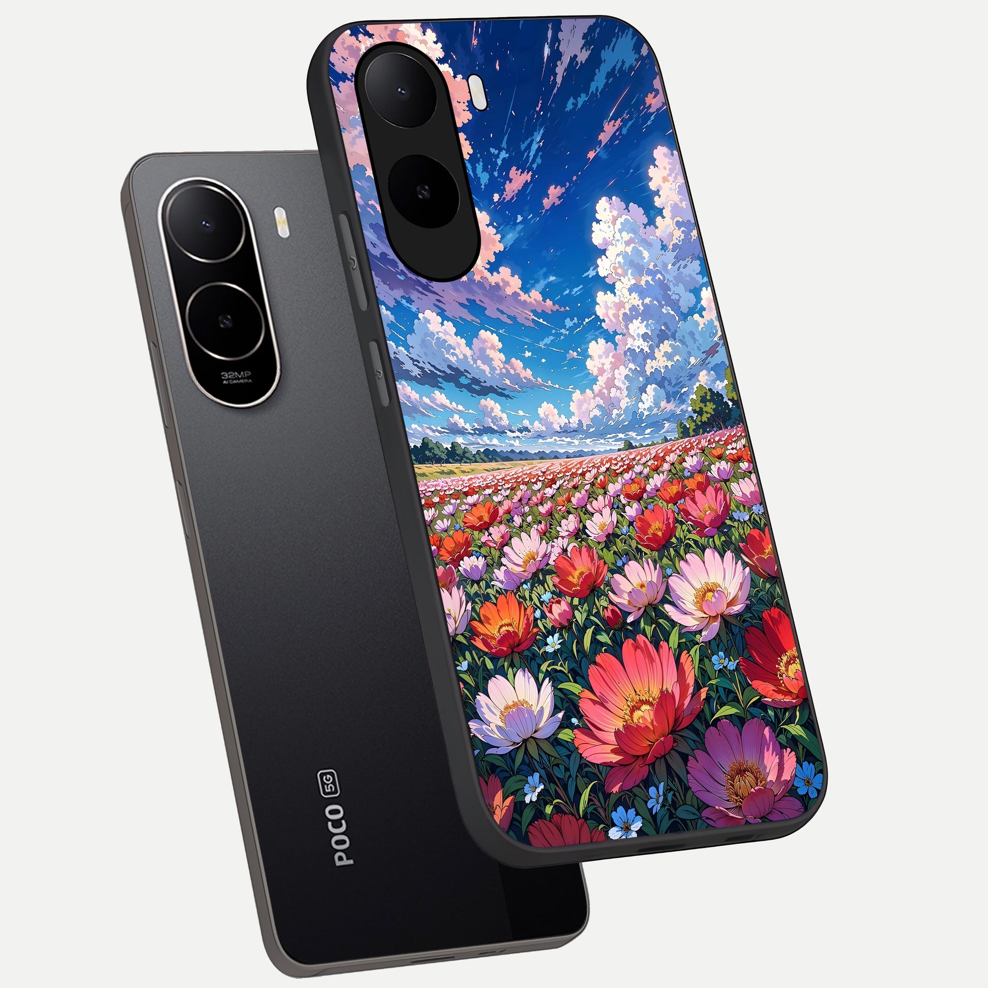  Blossom Sky Field phone case For Poco C85x showing premium glass back cover with detailed artwork