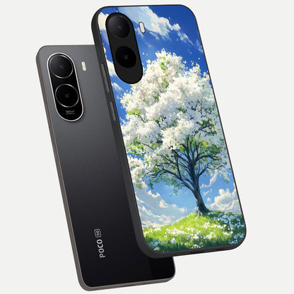  Blossom Sky Serenity phone case For Poco C85x showing premium glass back cover with detailed artwork