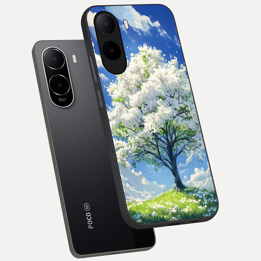 Blossom Sky Serenity phone case For Poco C85x showing premium glass back cover with detailed artwork