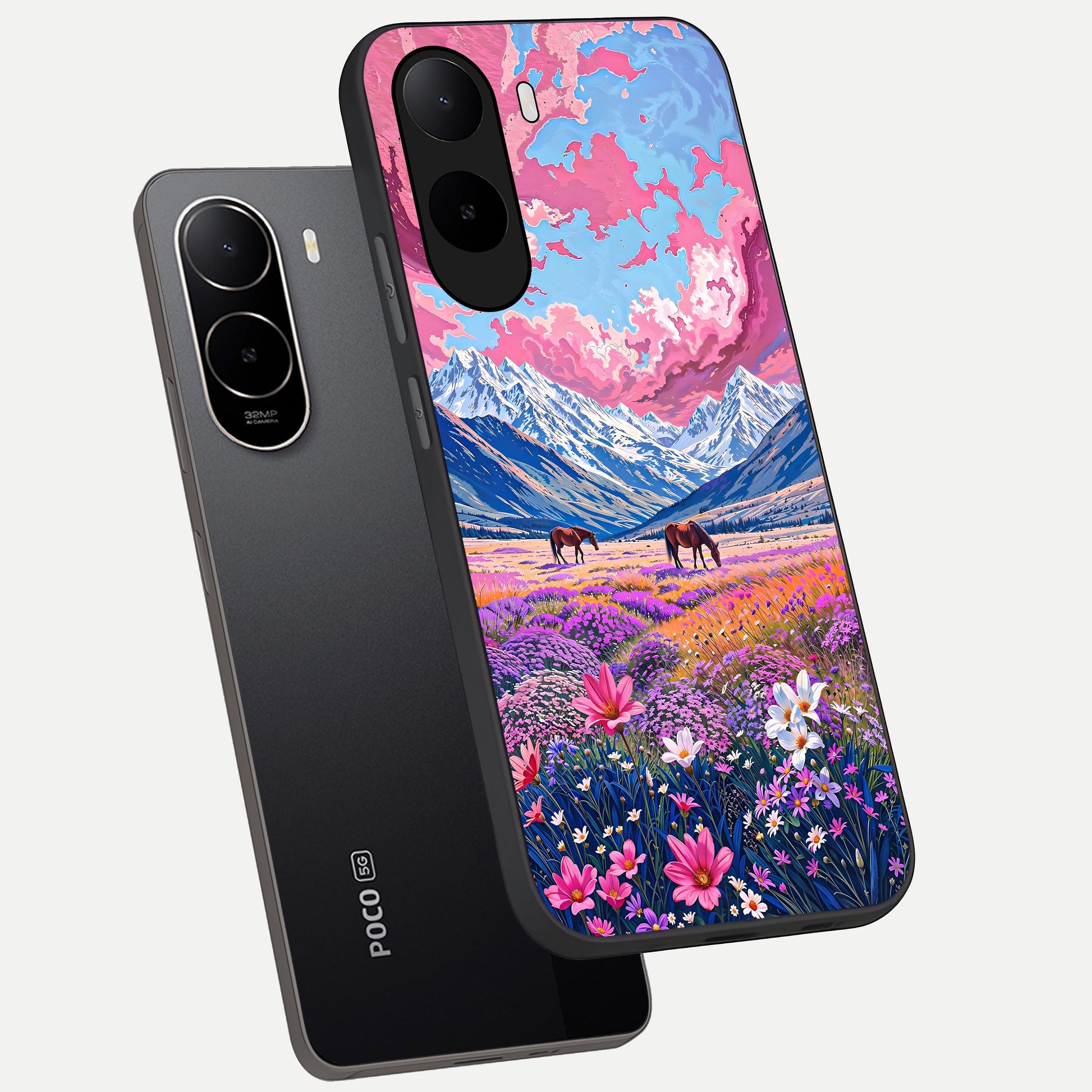  Blossom Valley Dream phone case For Poco C85x showing premium glass back cover with detailed artwork