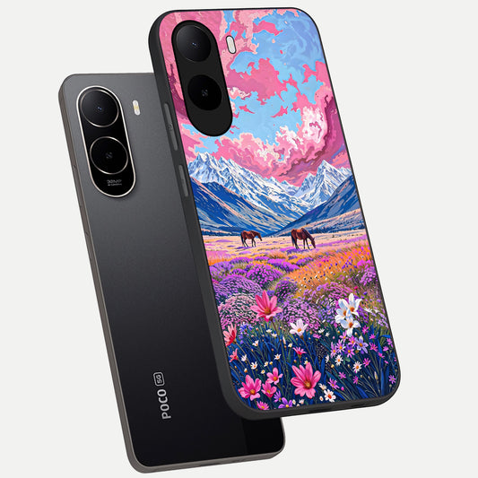  Blossom Valley Dream phone case For Poco C85x showing premium glass back cover with detailed artwork