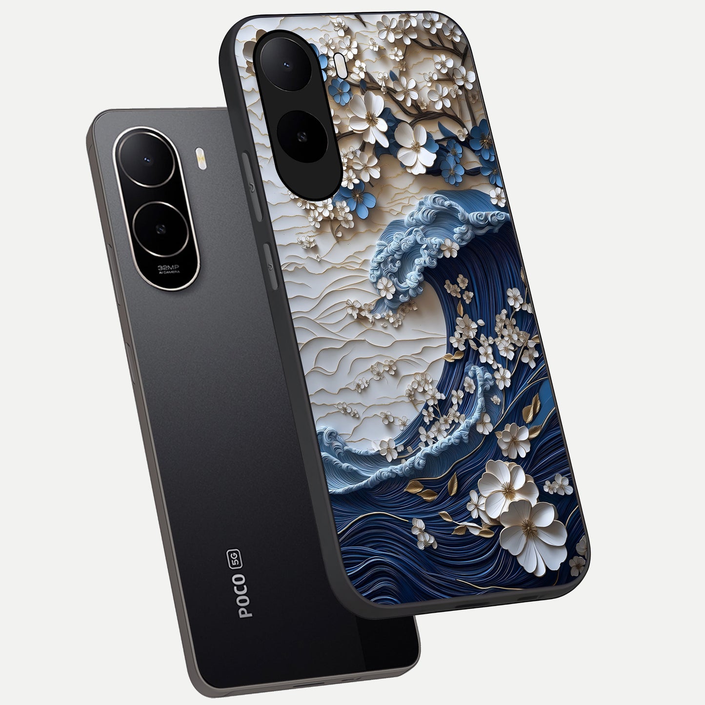  Blossom Wave Art phone case For Poco C85x showing premium glass back cover with detailed artwork