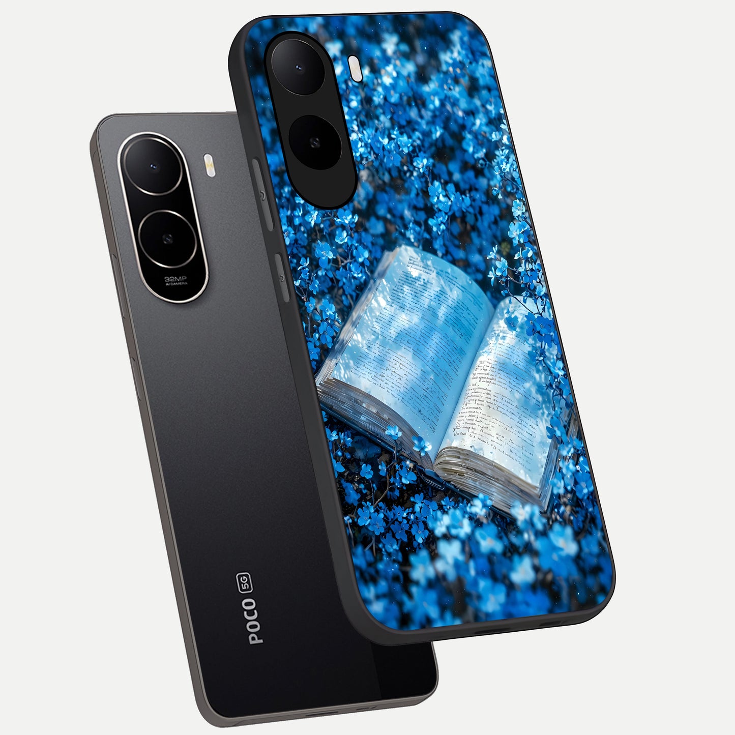  Blue Bloom Tales phone case For Poco C85x showing premium glass back cover with detailed artwork