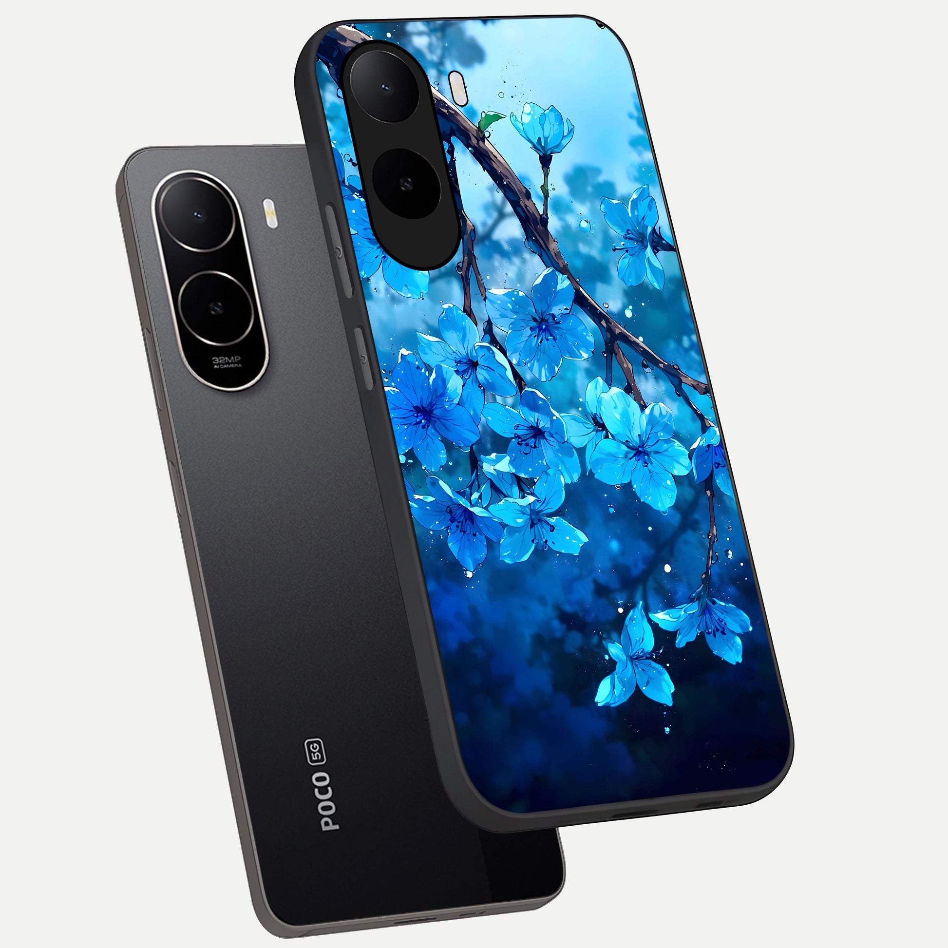  Blue Blossoms Branch phone case For Poco C85x showing premium glass back cover with detailed artwork