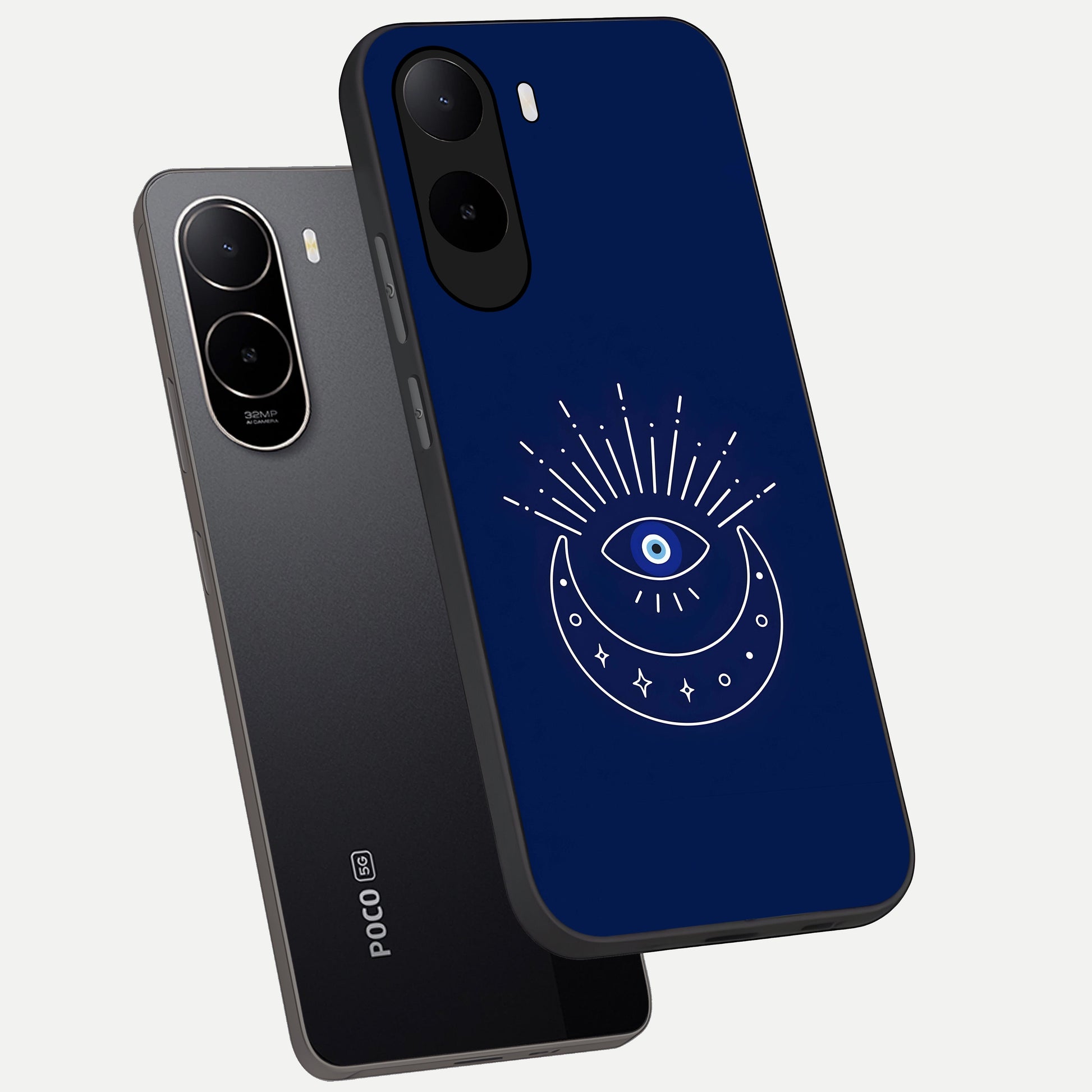  Blue Evil Eye phone case For Poco C85x showing premium glass back cover with detailed artwork