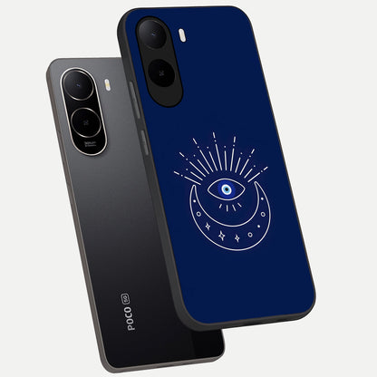  Blue Evil Eye phone case For Poco C85x showing premium glass back cover with detailed artwork