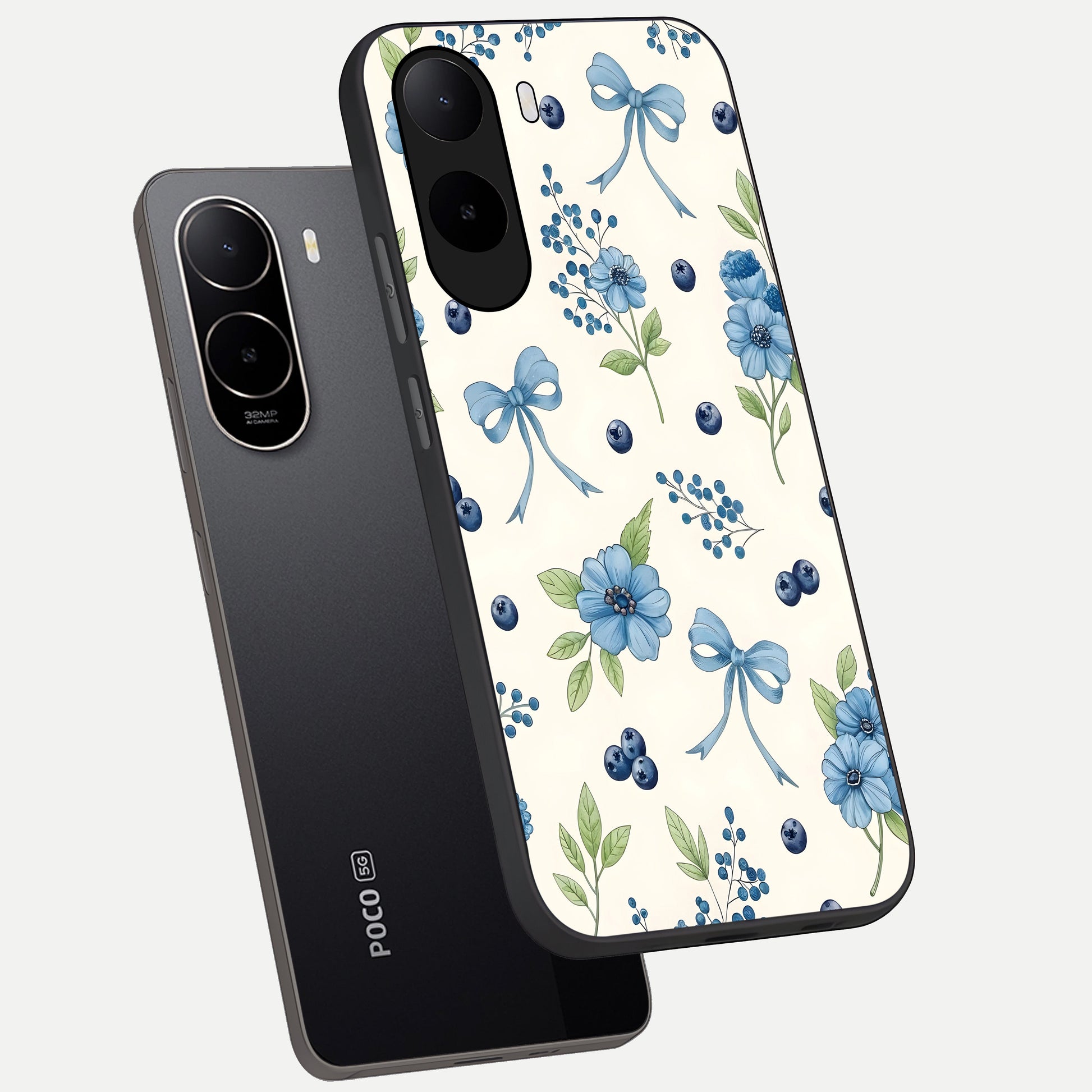  Blue Flower And Bow phone case For Poco C85x showing premium glass back cover with detailed artwork