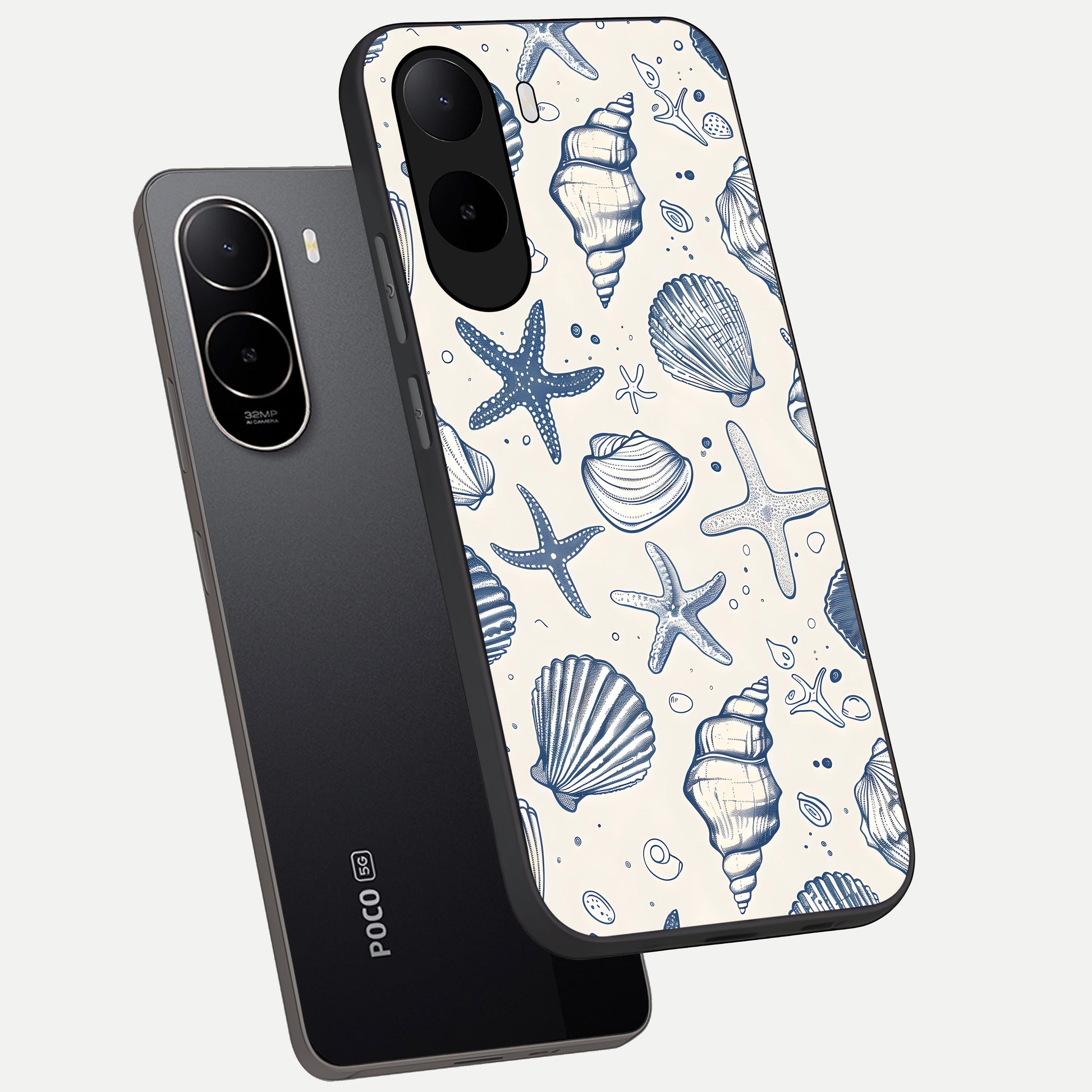  Blue Ocean Outline phone case For Poco C85x showing premium glass back cover with detailed artwork