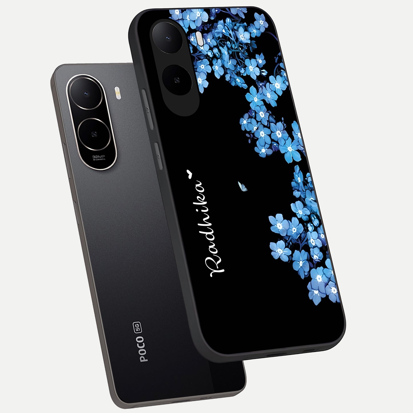  Blue Petal Dream Custom Name phone case For Poco C85x showing premium glass back cover with detailed artwork