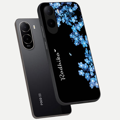  Blue Petal Dream Custom Name phone case For Poco C85x showing premium glass back cover with detailed artwork