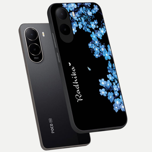  Blue Petal Dream Custom Name phone case For Poco C85x showing premium glass back cover with detailed artwork
