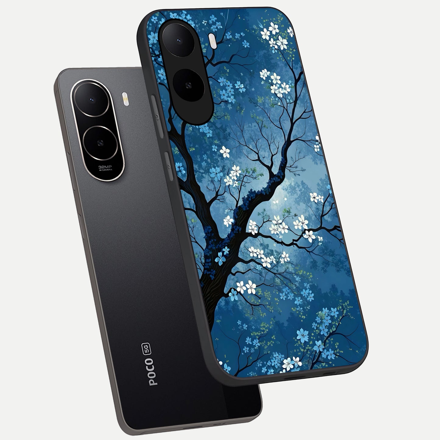  Blue Tree Serenity phone case For Poco C85x showing premium glass back cover with detailed artwork