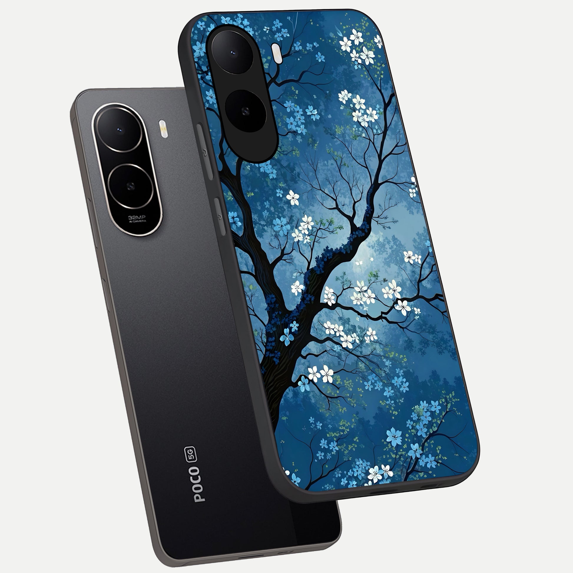  Blue Tree Serenity phone case For Poco C85x showing premium glass back cover with detailed artwork