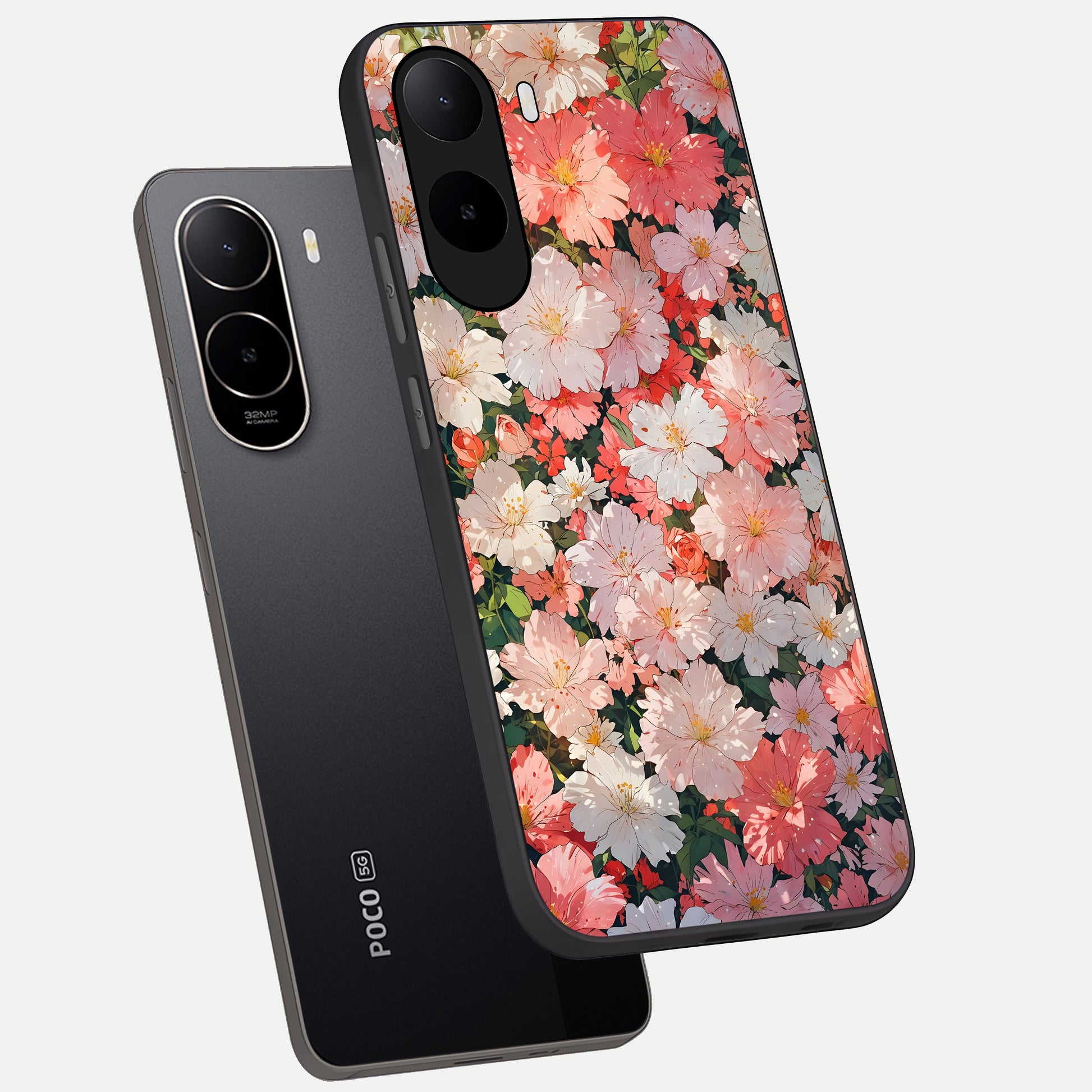  Blush Bloom Field phone case For Poco C85x showing premium glass back cover with detailed artwork