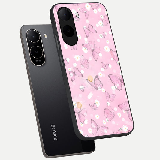  Blush Butterfly Garden phone case For Poco C85x showing premium glass back cover with detailed artwork