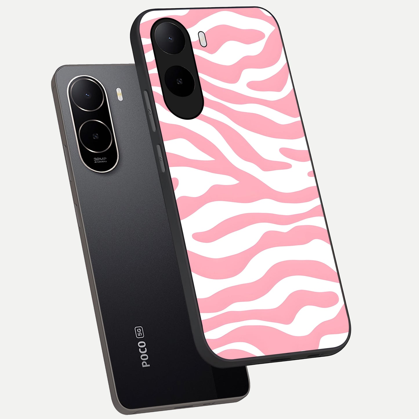  Blush Zebra Flow phone case For Poco C85x showing premium glass back cover with detailed artwork