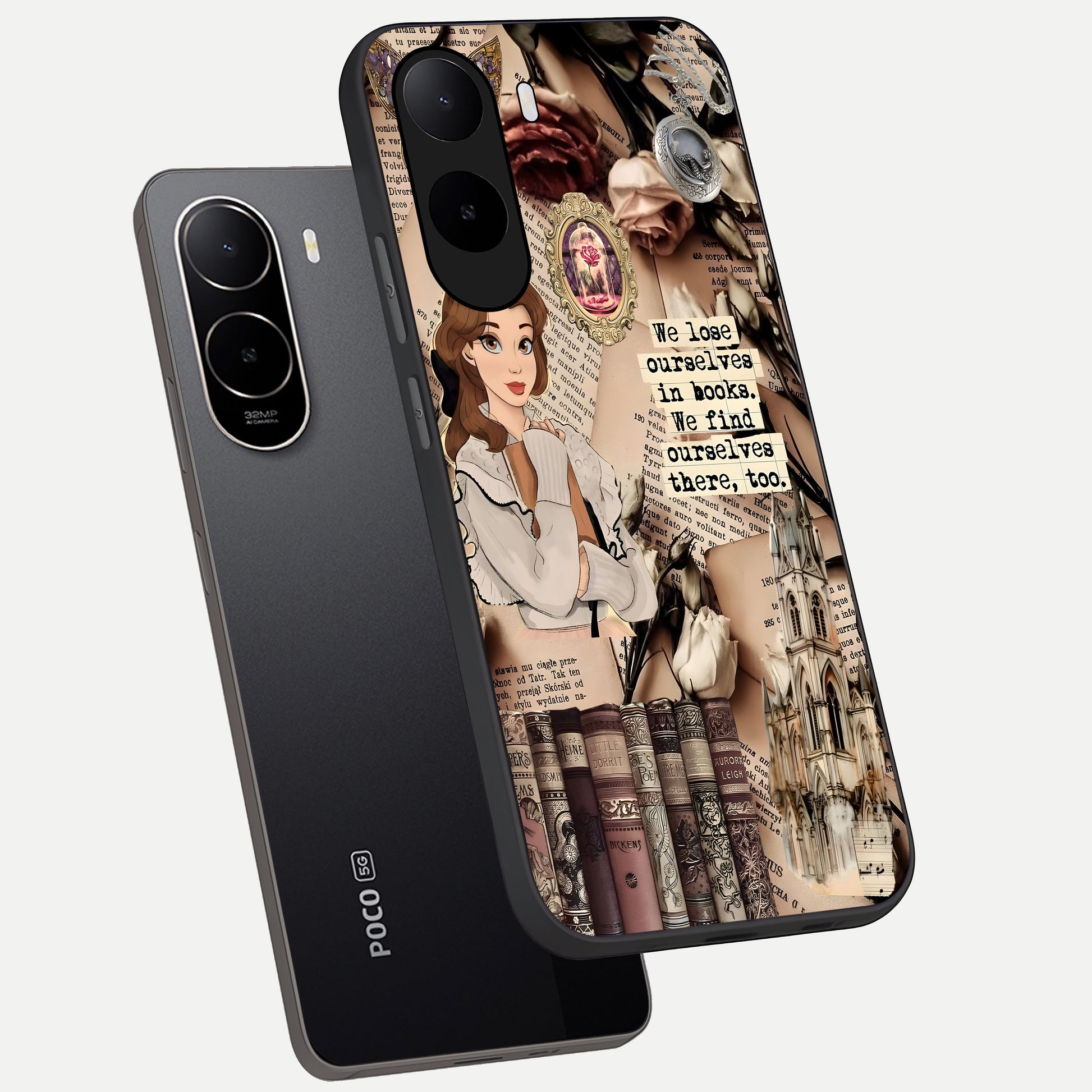 Bookish Dream World phone case For Poco C85x showing premium glass back cover with detailed artwork