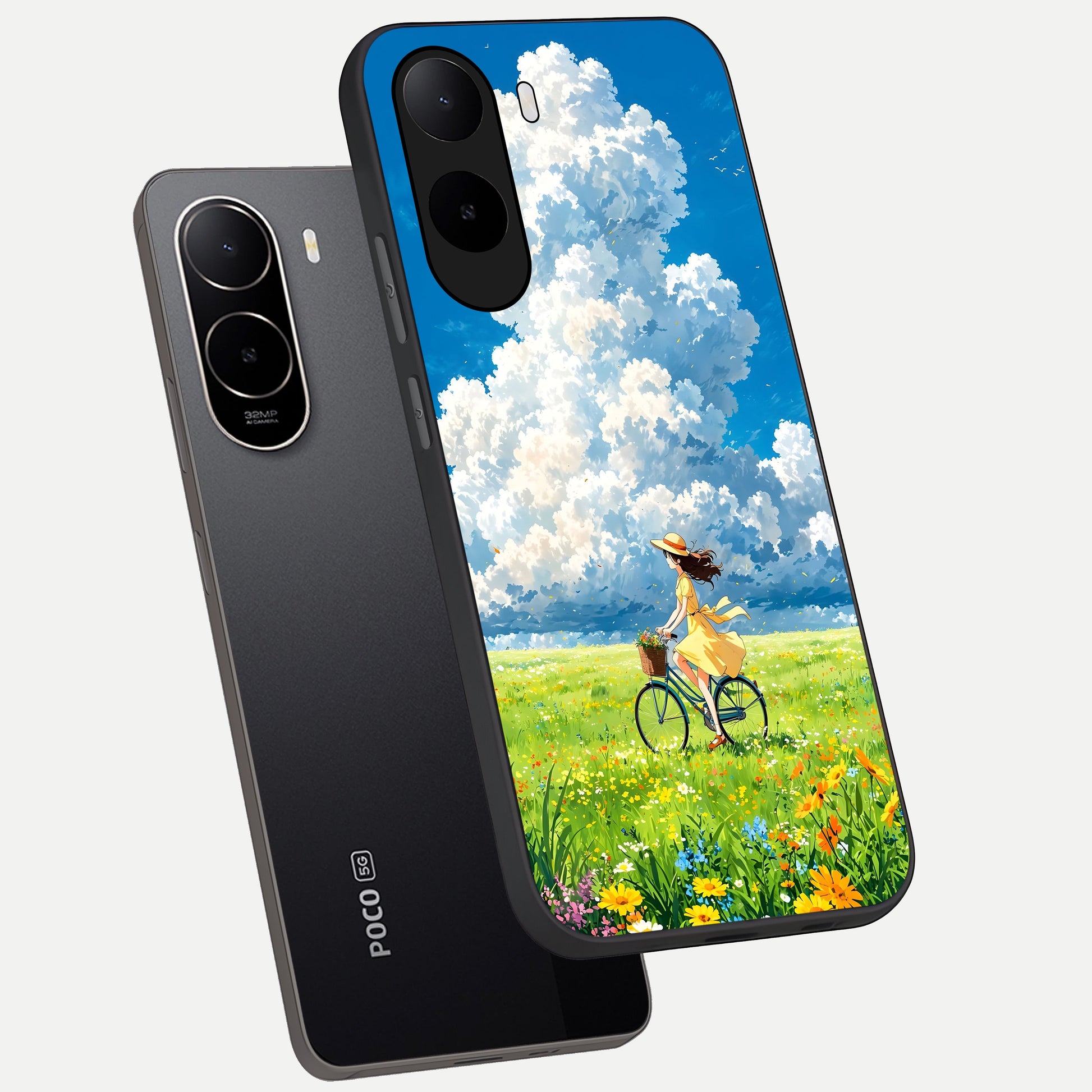  Breezy Meadow Ride phone case For Poco C85x showing premium glass back cover with detailed artwork
