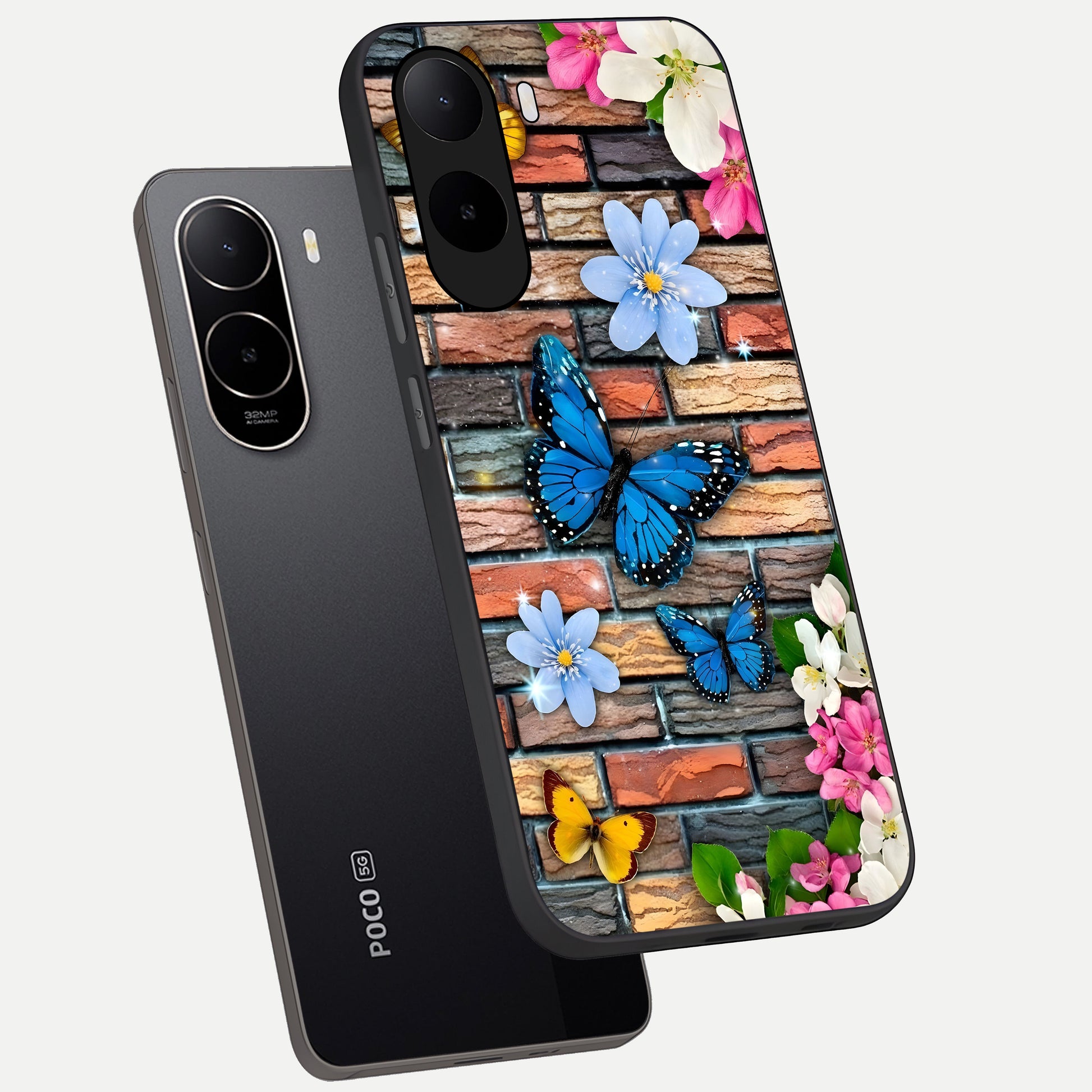  Brick Bloom Flight phone case For Poco C85x showing premium glass back cover with detailed artwork