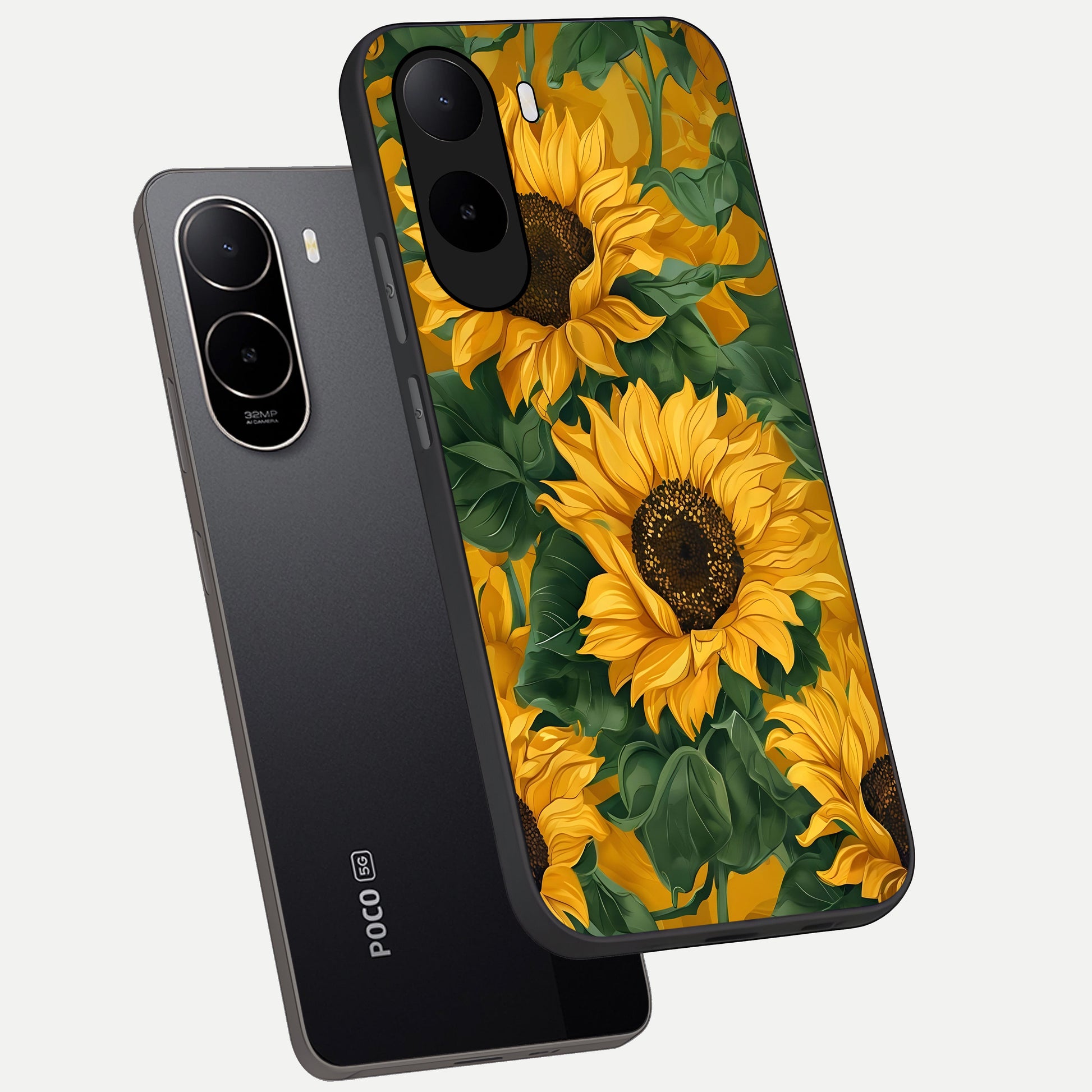  Bright Sunflower Bloom phone case For Poco C85x showing premium glass back cover with detailed artwork