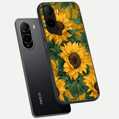  Bright Sunflower Bloom phone case For Poco C85x showing premium glass back cover with detailed artwork