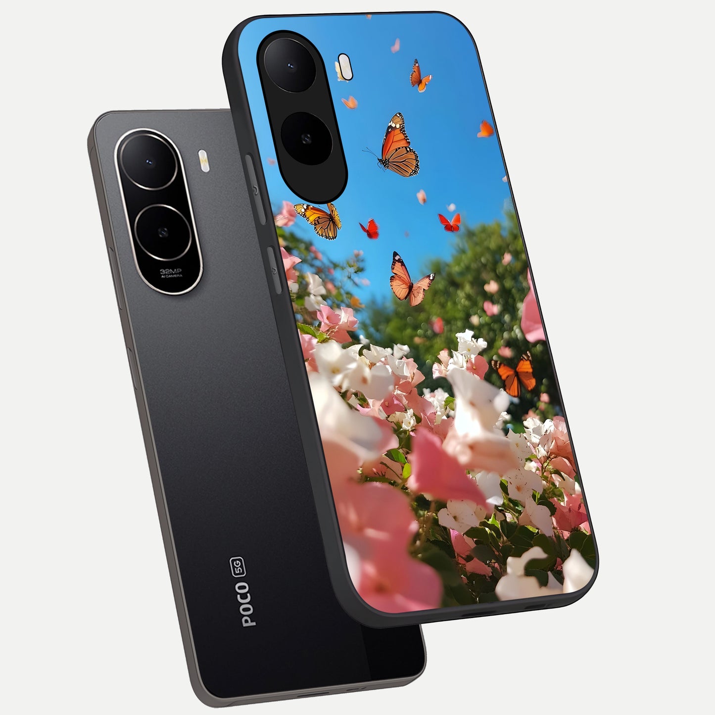  Butterflies In Bloom Sky phone case For Poco C85x showing premium glass back cover with detailed artwork