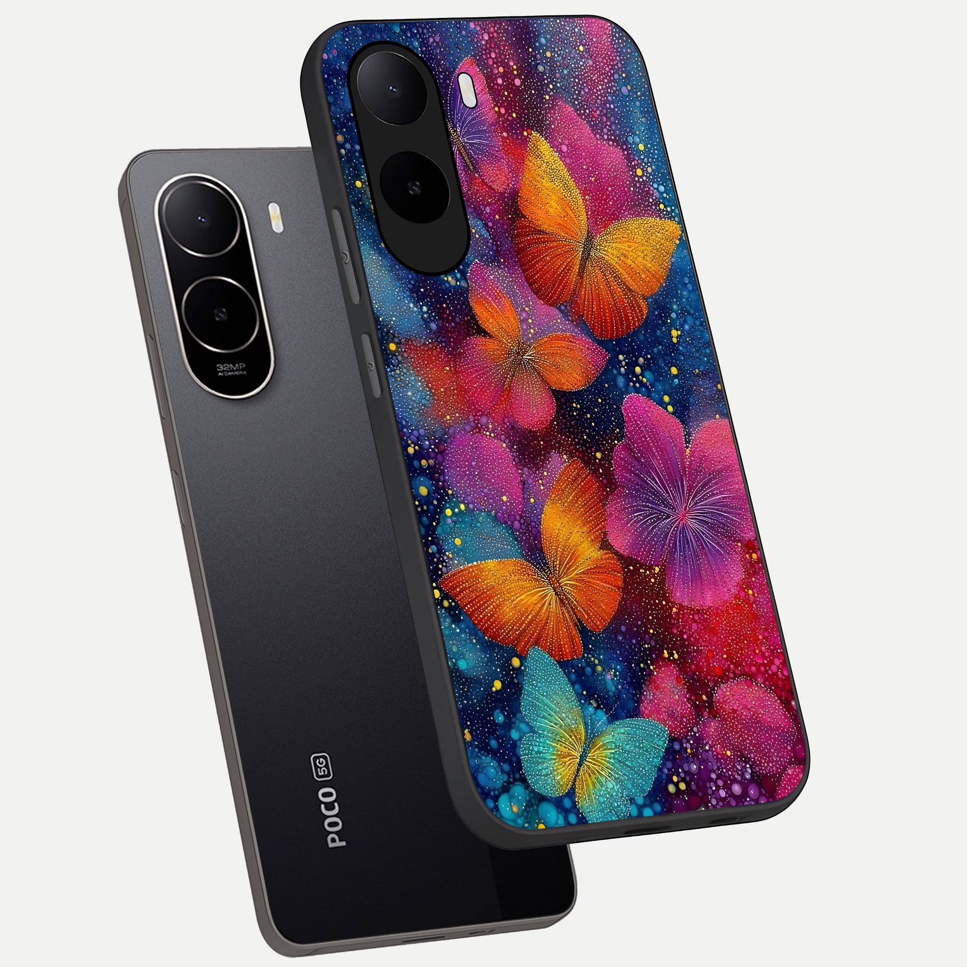  Butterfly Dream Mist phone case For Poco C85x showing premium glass back cover with detailed artwork