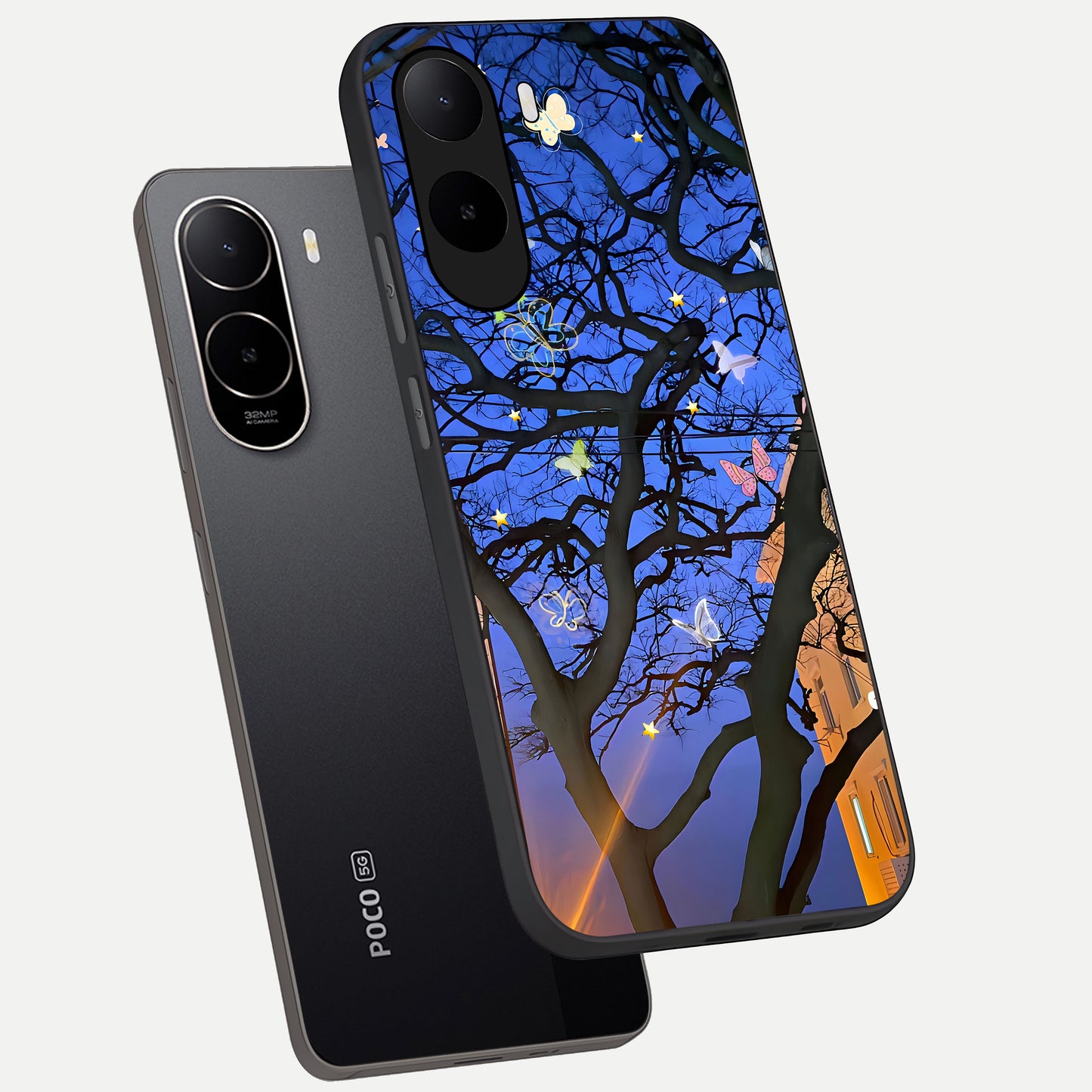  Butterfly Night Magic phone case For Poco C85x showing premium glass back cover with detailed artwork